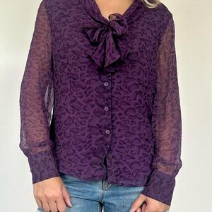 Willi Smith Purple Patterned Blouse with Bow